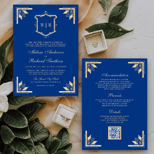 Invitation Mariage Royal Bleu Royal Monogramme Code QR Couron