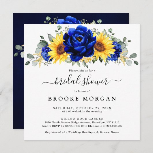 Invitation Mariage Royal Bleu Rustique Tournesol Moderne Show (Devant / Derrière)