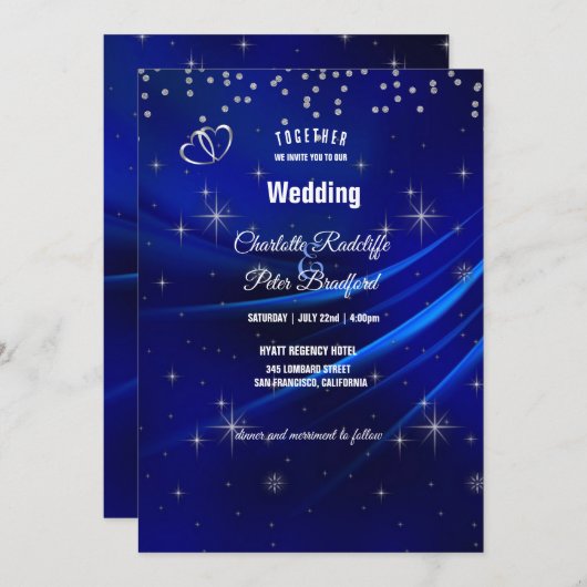 Invitation Mariage Royal Blue Diamonds and Hearts (Devant / Derrière)