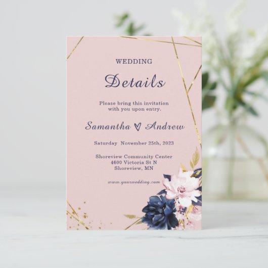 Invitation Mariage Royal Blue et Blush Détails Modèle (Debout devant)