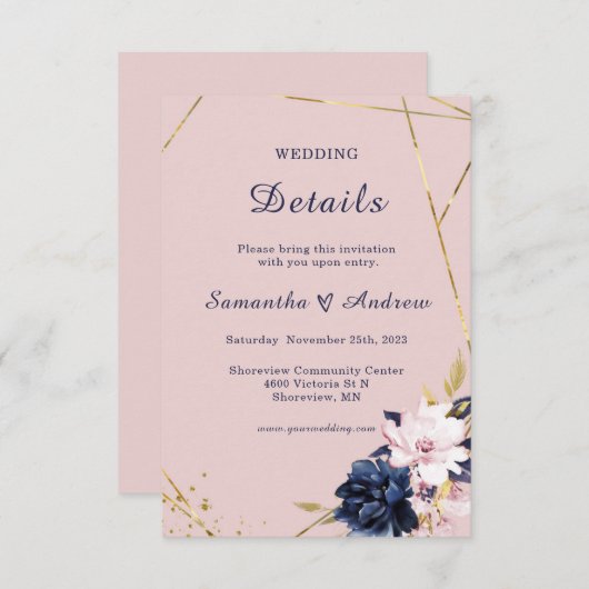 Invitation Mariage Royal Blue et Blush Détails Modèle (Devant / Derrière)
