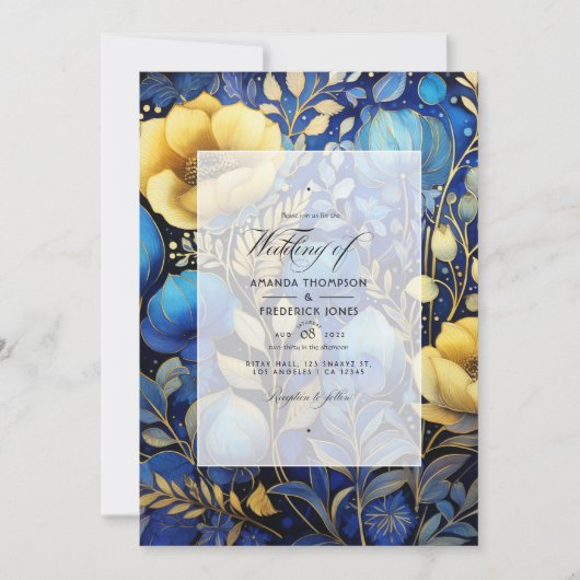 Invitation Mariage Royal Blue et Gold Floral (Devant)