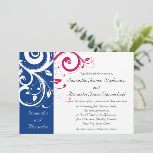 Invitation Mariage Royal Blue/Fuchsia Swirl (Debout devant)