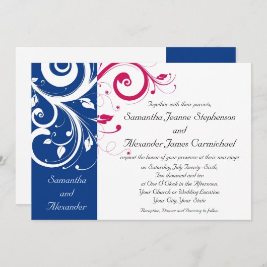 Invitation Mariage Royal Blue/Fuchsia Swirl (Devant / Derrière)