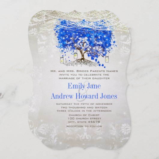 Invitation Mariage Royal Blue Heart Leaf Tree Invite (Devant / Derrière)