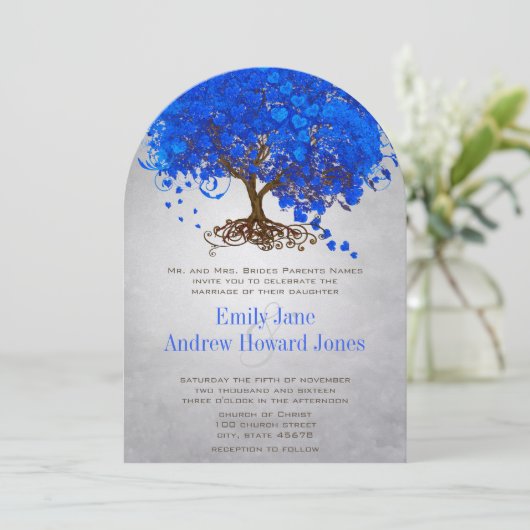 Invitation Mariage Royal Blue Heart Leaf Tree Invite (Debout devant)