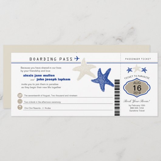 Invitation Mariage Royal Blue Tan Starfish Boarding Pass (Devant / Derrière)