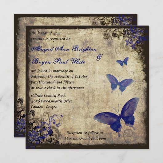 Invitation Mariage Royal Blue Vintage papillon (Devant / Derrière)