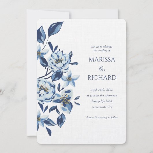 Invitation Mariage Royal Blue White Floral (Devant)