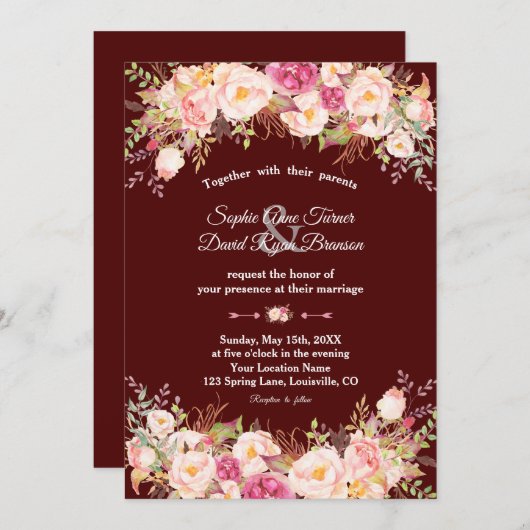 Invitation Mariage Royal Bourgogne rose (Devant / Derrière)