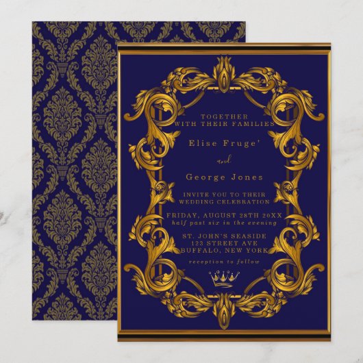 Invitation Mariage Royal Crown Blue et Gold Flouring (Devant / Derrière)