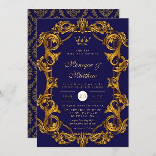 Invitation Mariage Royal Crown Blue Gold (Devant / Derrière)