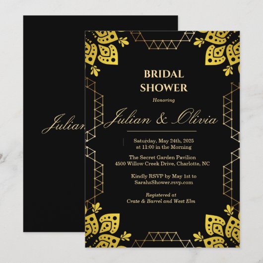 Invitation Mariage Royal de Luxe Noir et Or  (Devant / Derrière)