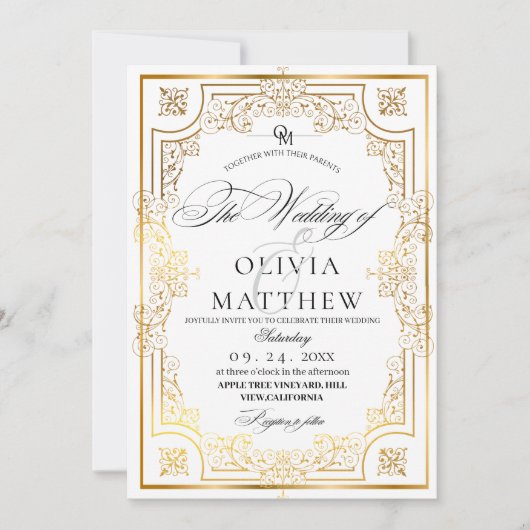 Invitation Mariage Royal Gold et White Script (Devant)