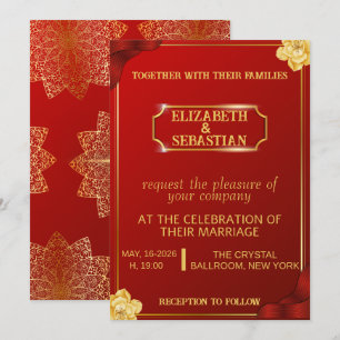 Invitation Mariage Royal Luxueux Rouge et Or Mandala