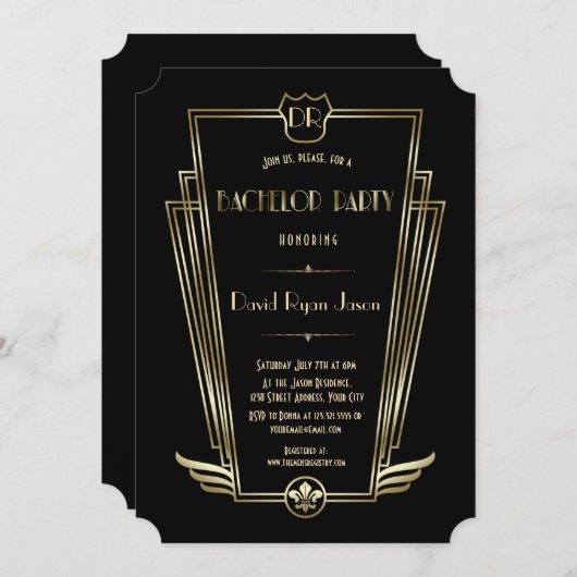 Invitation Mariage Royal Or Art Déco Monogramme Enterrement d (Devant / Derrière)