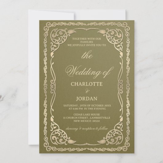 Invitation Mariage Royal Vert Olive et Or (Devant)
