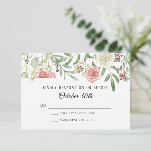 Invitation Mariage RSVP Blush Rose ivoire Foliage Feuilles fe (Debout devant)