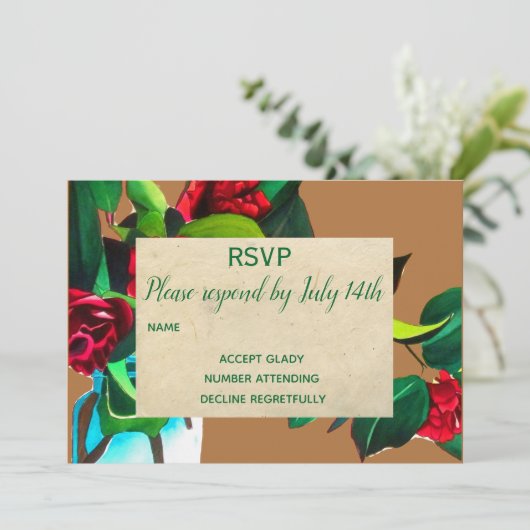 Invitation Mariage RSVP camellia floral pays rustique (Debout devant)