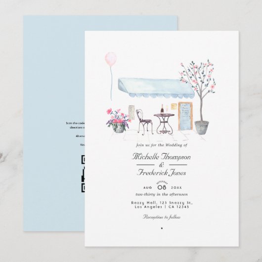 Invitation Mariage RSVP Code QR Aquarelle Paris (Devant / Derrière)