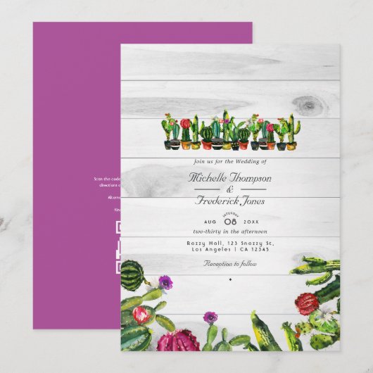 Invitation Mariage RSVP Code QR Cactus Succulents Rustique (Devant / Derrière)