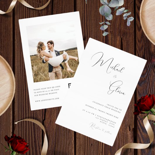 Invitation Mariage RSVP Code QR Calligraphie Minimaliste Mode