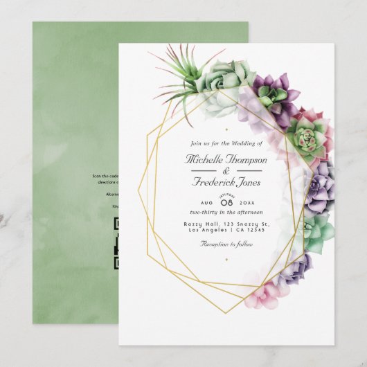 Invitation Mariage RSVP Code QR de Succulents Géométriques (Devant / Derrière)