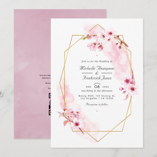 Invitation Mariage RSVP Code QR Fleur de Cerisier Rose Géomét (Devant / Derrière)