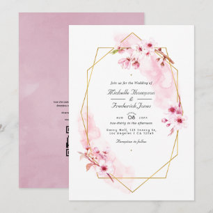 Invitation Mariage RSVP Code QR Fleur de Cerisier Rose Géomét