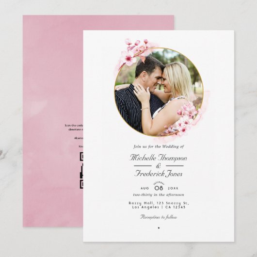 Invitation Mariage RSVP Code QR Fleur de Cerisier Rose Géomét (Devant / Derrière)