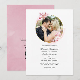 Invitation Mariage RSVP Code QR Fleur de Cerisier Rose Géomét