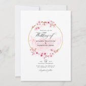 Invitation Mariage RSVP Code QR Fleur de Cerisier Rose Géomét (Devant)