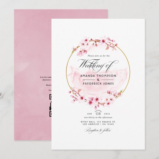 Invitation Mariage RSVP Code QR Fleur de Cerisier Rose Géomét (Devant / Derrière)