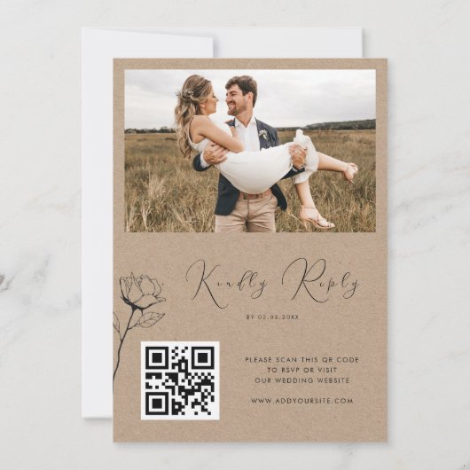 Invitation Mariage RSVP Code QR Rose Dessinée Look Kraft Rust (Dos)