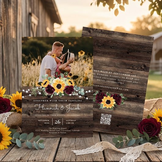 Invitation Mariage RSVP Code QR Roses Soleil Rustique