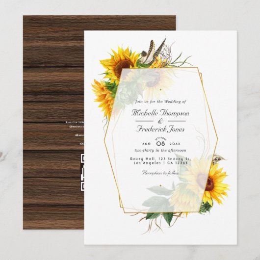 Invitation Mariage RSVP Code QR Rustique Tournesol Géométriqu (Devant / Derrière)