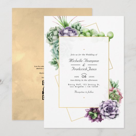 Invitation Mariage RSVP Code QR Succulents Géométriques (Devant / Derrière)