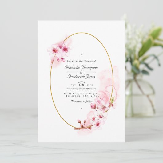 Invitation Mariage RSVP de code QR de fleurs de cerisier rose (Debout devant)