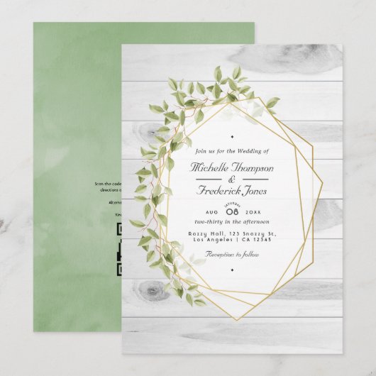 Invitation Mariage RSVP de code QR géométrique vert rustique (Devant / Derrière)