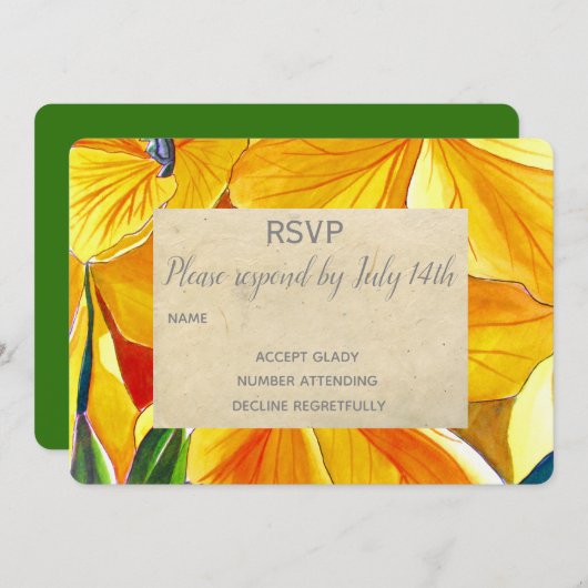 Invitation Mariage RSVP fleurs jaunes pays rustique (Devant / Derrière)