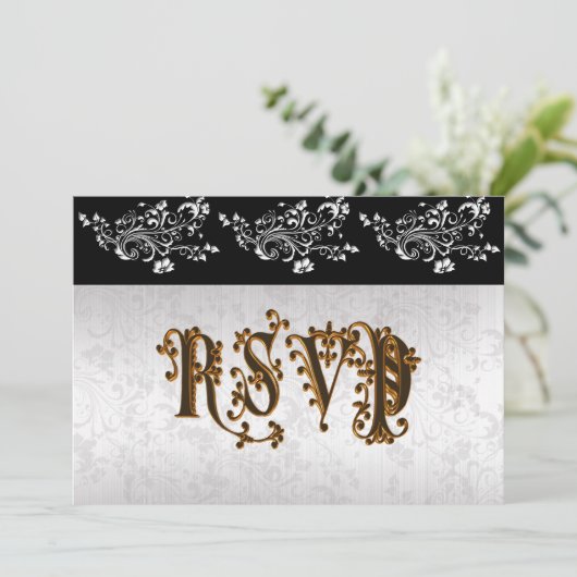 Invitation Mariage RSVP noir et blanc classique damask (Debout devant)