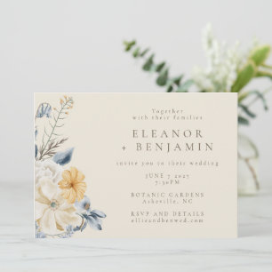 Invitation Mariage RSVP Rustique bleu jaune Floral