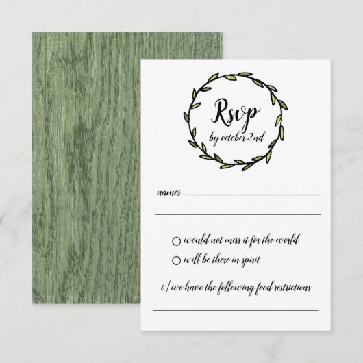 Invitation Mariage RSVP rustique vert feuille de couronne (Devant / Derrière)