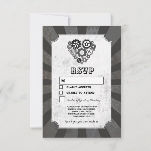 Invitation Mariage RSVP Steampunk Coeurs Mariages Coeurs Cogs (Devant)
