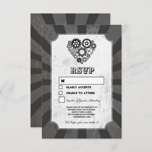 Invitation Mariage RSVP Steampunk Coeurs Mariages Coeurs Cogs (Devant / Derrière)