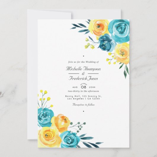 Invitation Mariage RSVP Turquoise et Jaune Floral QR Code (Devant)
