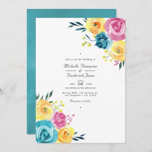 Invitation Mariage RSVP Turquoise et Jaune Floral QR Code (Devant / Derrière)