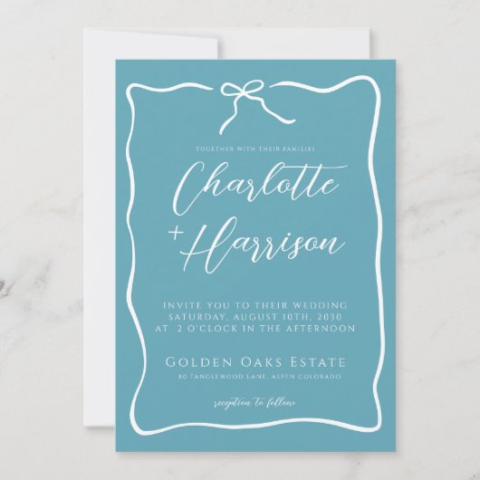Invitation Mariage Ruban Bleu Doodle Écriture Fantaisiste (Devant)