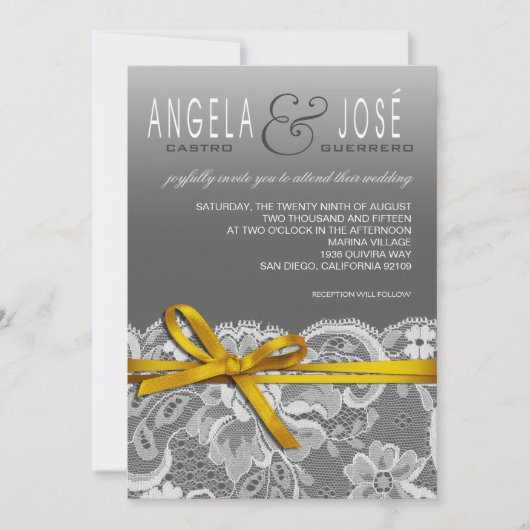 Invitation Mariage Ruban & Dentelle | gris jaune (Devant)