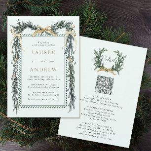 Invitation Mariage Ruban Doré & Couronne Verte Tout en Un Min